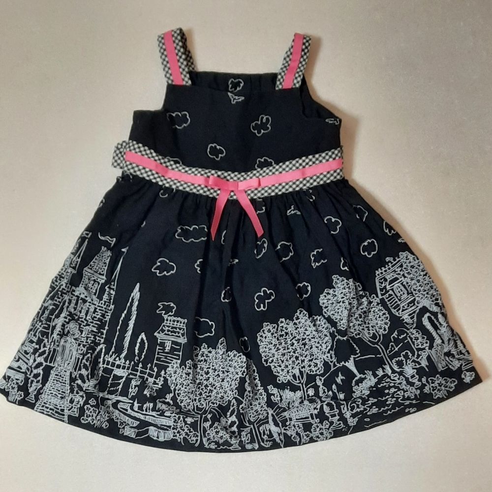 JESSICA ANNE Summer Dress Black White Pink Cityscape Checkered, Bow, LN, 18 Mos
